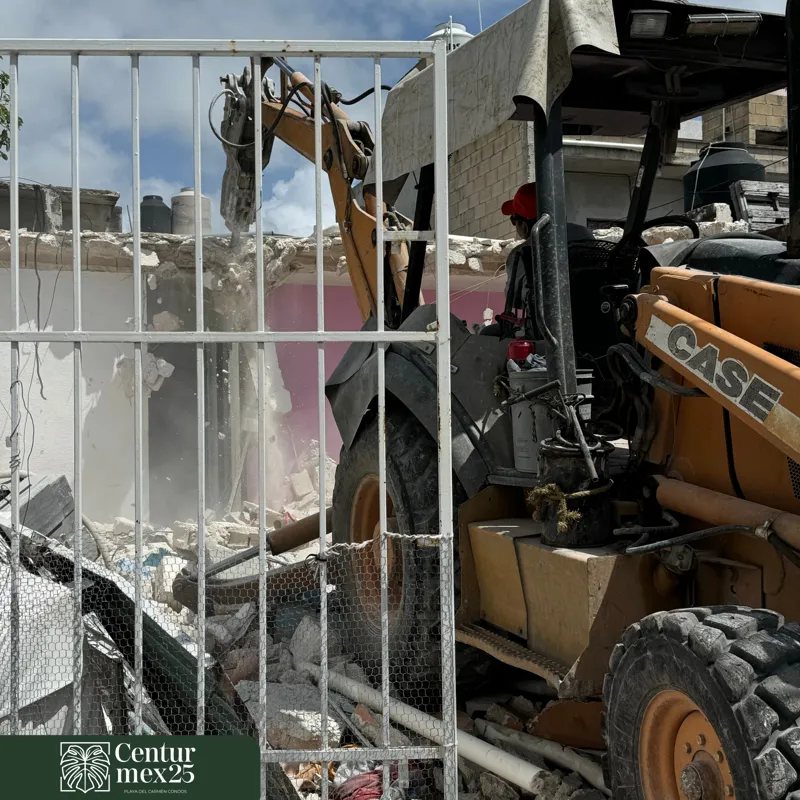 A three-panel collage illustrating the demolition progress for Centurmex 25. The first panel shows a building behind a black construction fence, the middle panel features an excavator actively demolishing the structure, and the final panel shows t...