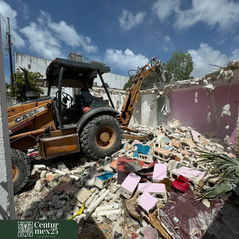 A three-panel collage illustrating the demolition progress for Centurmex 25. The first panel shows a building behind a black construction fence, the middle panel features an excavator actively demolishing the structure, and the final panel shows t...