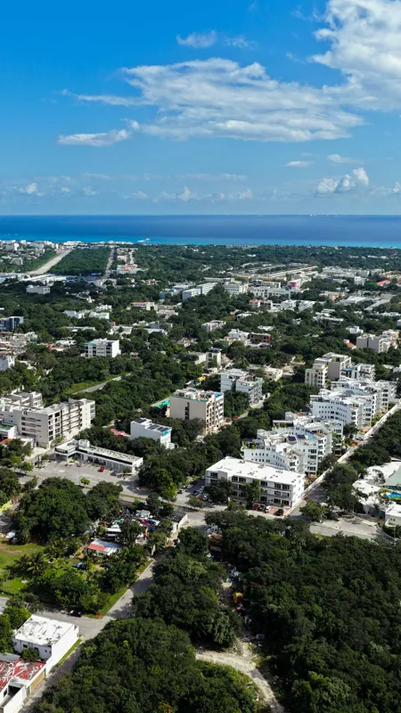 Aerial view of Suutuk's completed rooftop amenities, featuring a long turquoise infinity pool, a smaller jacuzzi, modern lounge furniture, a bar area, and solar panels, surrounded by lush green trees and other buildings in Playa del Carmen.