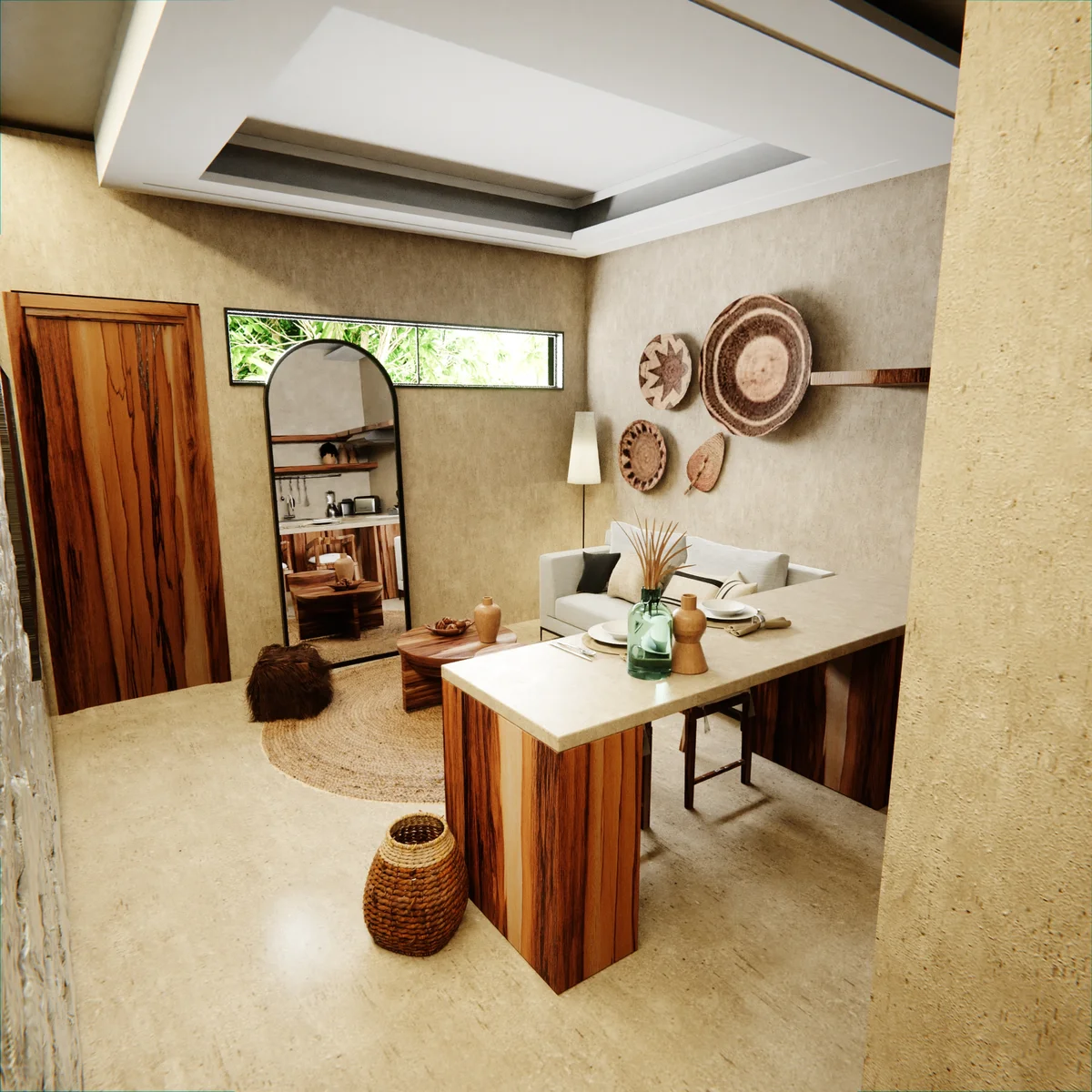 View of Living Room at Hunab Ku Sanctuary, showcasing Bohemian Decor, Rustic Design.