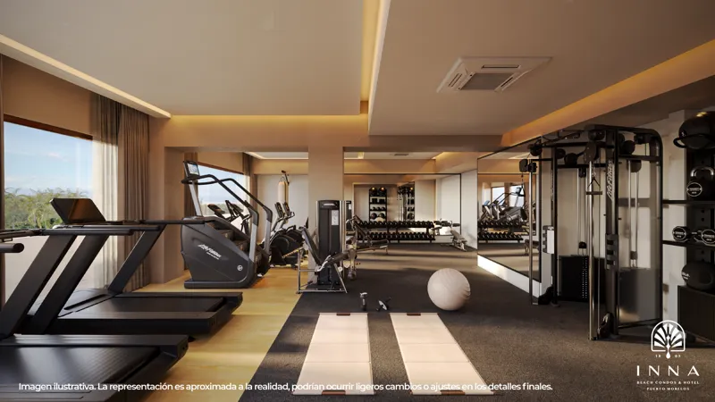 A high-quality architectural rendering depicting the interior of the modern fitness center at Inna Condos, Puerto Morelos. The spacious gym features various Life Fitness cardio machines including treadmills and ellipticals, a comprehensive weight ...