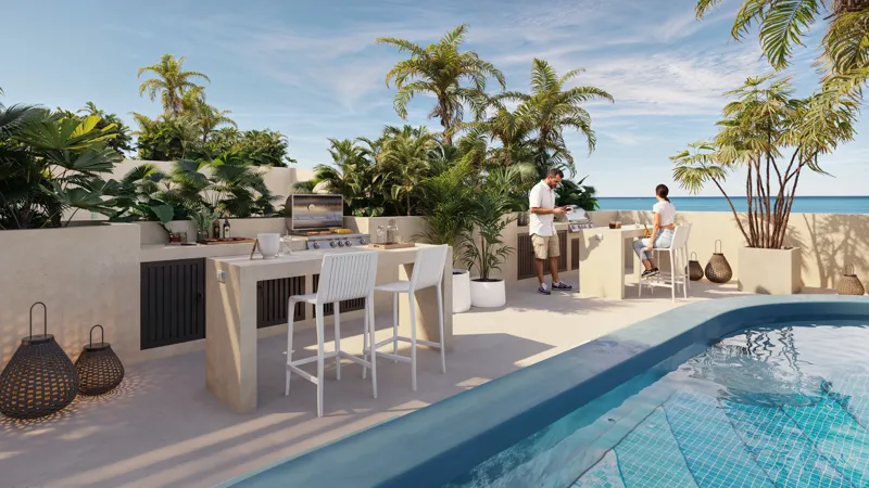 A luxurious rooftop amenity space render at Sonni, featuring two woven hammocks hanging from a wooden pergola, a multi-level swimming pool with blue tiles, and lush tropical plants. The background shows the ocean under a clear blue sky, emphasizin...