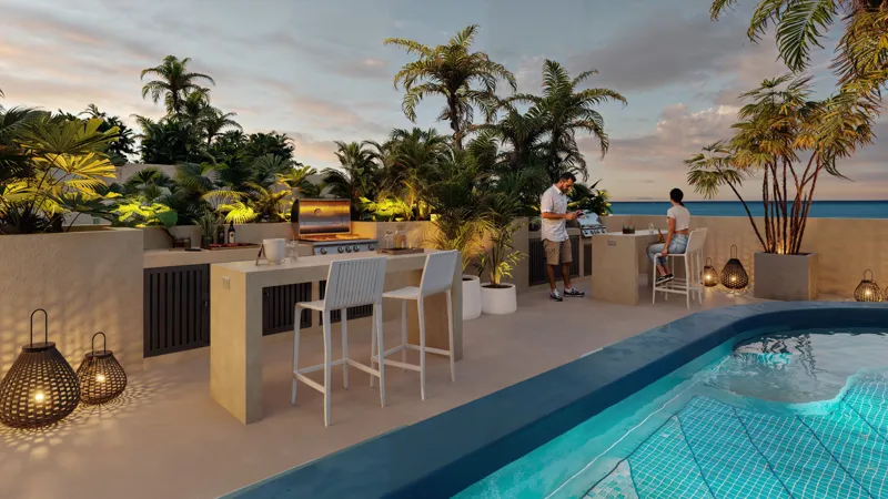 A luxurious rooftop amenity space render at Sonni, featuring two woven hammocks hanging from a wooden pergola, a multi-level swimming pool with blue tiles, and lush tropical plants. The background shows the ocean under a clear blue sky, emphasizin...