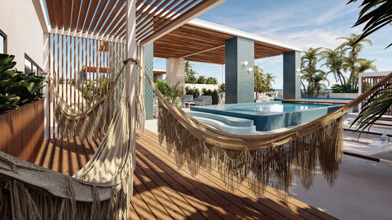 A luxurious rooftop amenity space render at Sonni, featuring two woven hammocks hanging from a wooden pergola, a multi-level swimming pool with blue tiles, and lush tropical plants. The background shows the ocean under a clear blue sky, emphasizin...