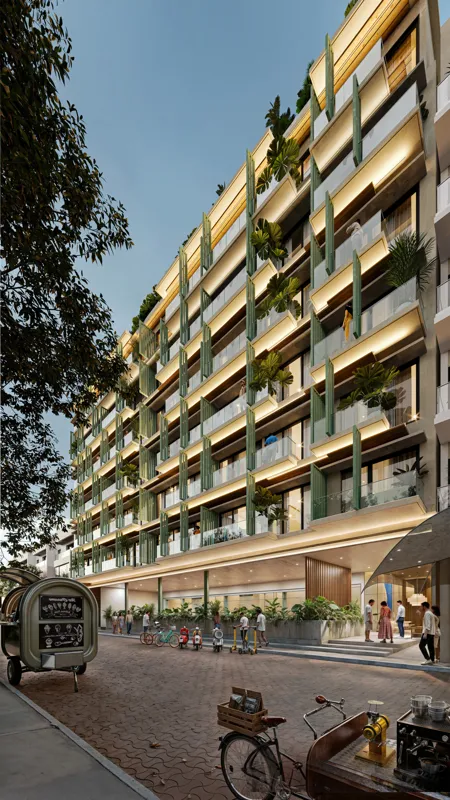 A luxurious rooftop amenity space render at Sonni, featuring two woven hammocks hanging from a wooden pergola, a multi-level swimming pool with blue tiles, and lush tropical plants. The background shows the ocean under a clear blue sky, emphasizin...