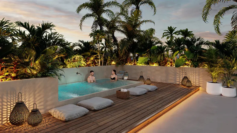 A luxurious rooftop amenity space render at Sonni, featuring two woven hammocks hanging from a wooden pergola, a multi-level swimming pool with blue tiles, and lush tropical plants. The background shows the ocean under a clear blue sky, emphasizin...