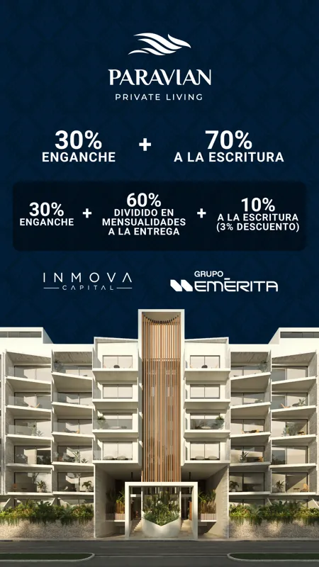 A promotional graphic for Paravian Private Living displaying two payment plan options, one of which includes a 3% discount, positioned above a detailed architectural rendering of the multi-story apartment building with balconies and lush ground-le...