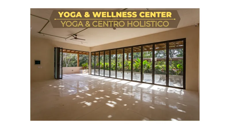 A collection of eight images displaying the finished amenities at Amari Tulum, including a spacious yoga and wellness center with large glass doors, a modern full-featured gym with various exercise equipment, a wooden sauna room, a refreshing cold...