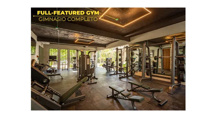 A collection of eight images displaying the finished amenities at Amari Tulum, including a spacious yoga and wellness center with large glass doors, a modern full-featured gym with various exercise equipment, a wooden sauna room, a refreshing cold...