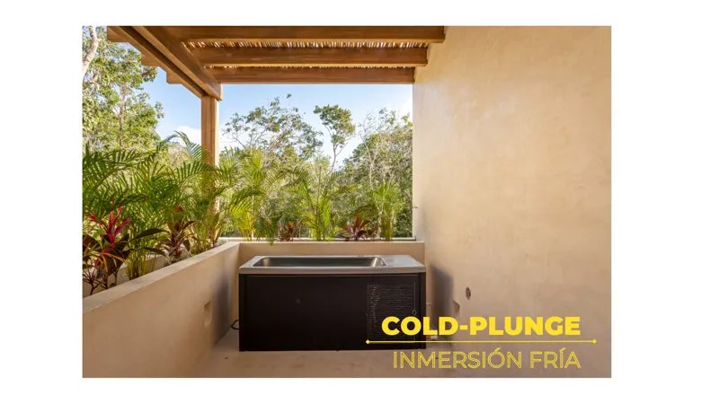 A collection of eight images displaying the finished amenities at Amari Tulum, including a spacious yoga and wellness center with large glass doors, a modern full-featured gym with various exercise equipment, a wooden sauna room, a refreshing cold...