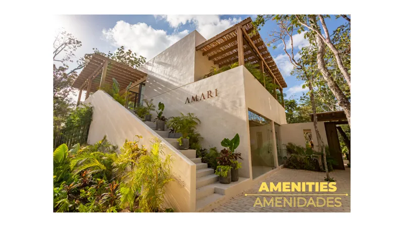 A collection of eight images displaying the finished amenities at Amari Tulum, including a spacious yoga and wellness center with large glass doors, a modern full-featured gym with various exercise equipment, a wooden sauna room, a refreshing cold...