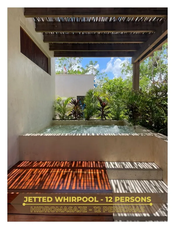 A collection of eight images displaying the finished amenities at Amari Tulum, including a spacious yoga and wellness center with large glass doors, a modern full-featured gym with various exercise equipment, a wooden sauna room, a refreshing cold...