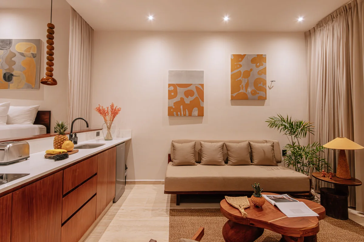 View of Studio Apartment at Bacab, showcasing Kitchenette, Modern Living.