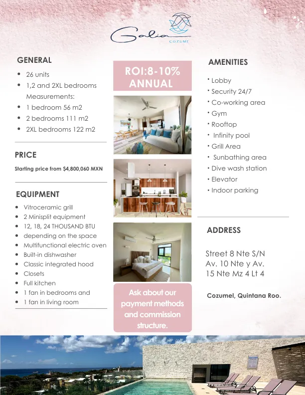 A promotional flyer for Galia Cozumel, detailing general information, 8-10% annual ROI, amenities, starting price of $4,800,060 MXN, equipment, and address. It features interior photos of a modern living room, kitchen, and bedroom, along with an e...