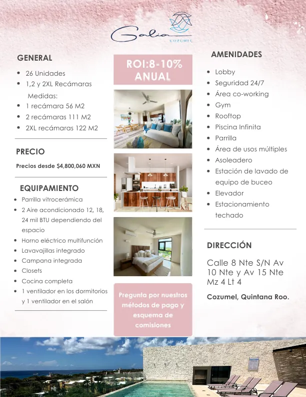 A promotional flyer for Galia Cozumel, detailing general information, 8-10% annual ROI, amenities, starting price of $4,800,060 MXN, equipment, and address. It features interior photos of a modern living room, kitchen, and bedroom, along with an e...