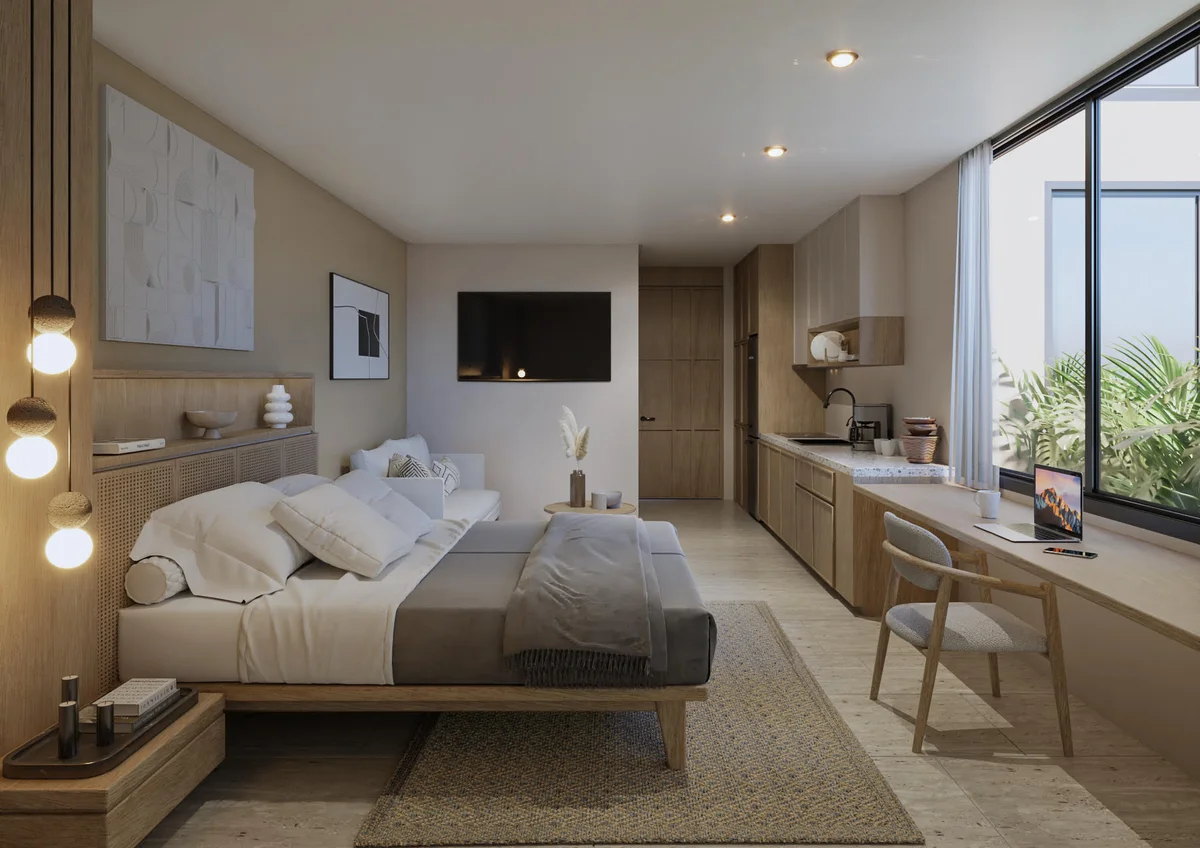 Image of a Studio Apartment, featuring Modern Kitchenette and Built-in Workspace.