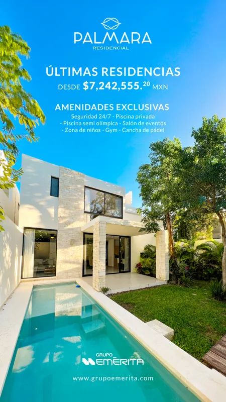 A modern, two-story white residential home with stone accents, large windows, and a private swimming pool in the foreground. Lush green trees and tropical foliage surround the property under a bright blue sky. Text on the image reads 'Palmara Resi...