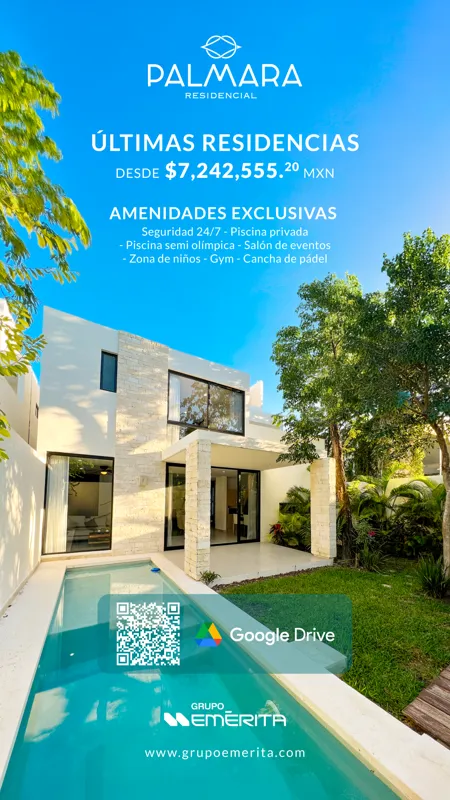 A modern, two-story white residential home with stone accents, large windows, and a private swimming pool in the foreground. Lush green trees and tropical foliage surround the property under a bright blue sky. Text on the image reads 'Palmara Resi...