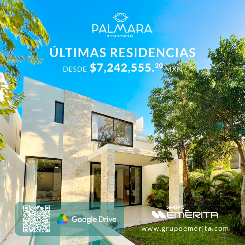 A modern, two-story white residential home with stone accents, large windows, and a private swimming pool in the foreground. Lush green trees and tropical foliage surround the property under a bright blue sky. Text on the image reads 'Palmara Resi...
