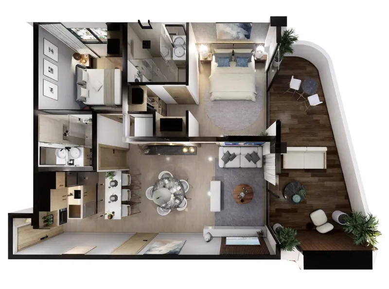 A high-quality render of a modern living and dining area in a Soulam residence, featuring light-colored sofas, a round wooden dining table with wicker chairs, and a large sliding glass door opening to a balcony with a panoramic view of the turquoi...