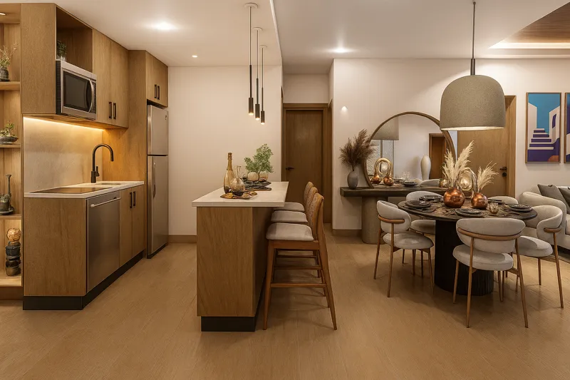 A high-quality render of a modern living and dining area in a Soulam residence, featuring light-colored sofas, a round wooden dining table with wicker chairs, and a large sliding glass door opening to a balcony with a panoramic view of the turquoi...