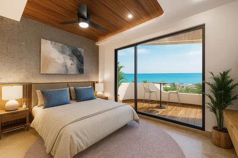 A high-quality render of a modern living and dining area in a Soulam residence, featuring light-colored sofas, a round wooden dining table with wicker chairs, and a large sliding glass door opening to a balcony with a panoramic view of the turquoi...