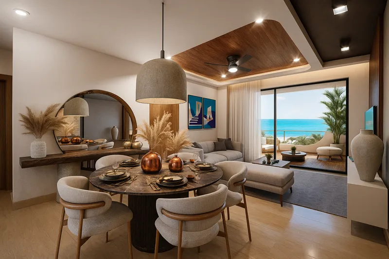 A high-quality render of a modern living and dining area in a Soulam residence, featuring light-colored sofas, a round wooden dining table with wicker chairs, and a large sliding glass door opening to a balcony with a panoramic view of the turquoi...