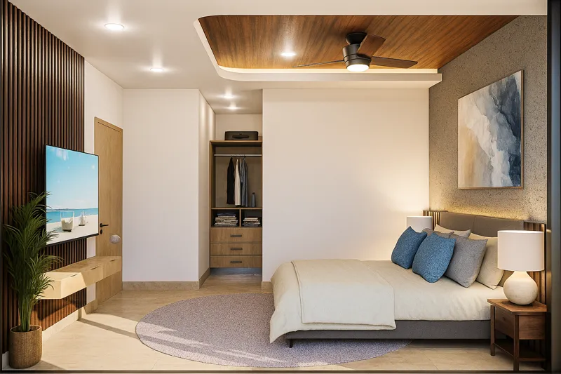 A high-quality render of a modern living and dining area in a Soulam residence, featuring light-colored sofas, a round wooden dining table with wicker chairs, and a large sliding glass door opening to a balcony with a panoramic view of the turquoi...