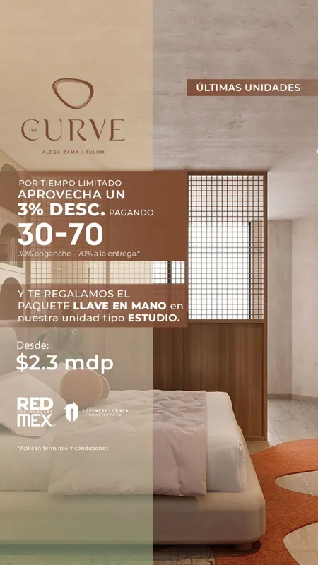 A promotional image for The Curve development in Aldea Zamá, featuring a luxurious loft interior with a spiral staircase, modern furniture, and a clothing rack. Overlaid text in Spanish announces 'ÚLTIMAS UNIDADES' (Last Units), a 'POR TIEMPO LIMI...