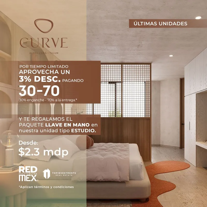 A promotional image for The Curve development in Aldea Zamá, featuring a luxurious loft interior with a spiral staircase, modern furniture, and a clothing rack. Overlaid text in Spanish announces 'ÚLTIMAS UNIDADES' (Last Units), a 'POR TIEMPO LIMI...
