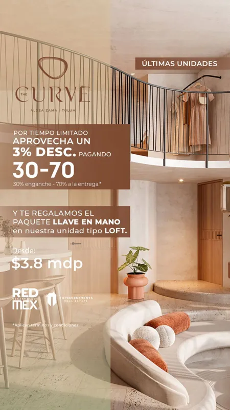 A promotional image for The Curve development in Aldea Zamá, featuring a luxurious loft interior with a spiral staircase, modern furniture, and a clothing rack. Overlaid text in Spanish announces 'ÚLTIMAS UNIDADES' (Last Units), a 'POR TIEMPO LIMI...