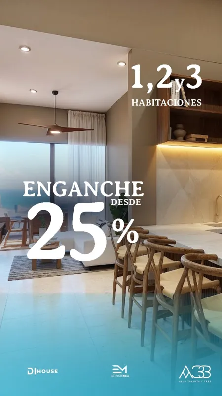 A vibrant rendering of the Alux 33 residential building in Puerto Morelos, featuring lush green walls, balconies with planters, and palm trees on the rooftop, set against a clear blue sky with the text 'DESDE $4.5 mdp' indicating starting prices.