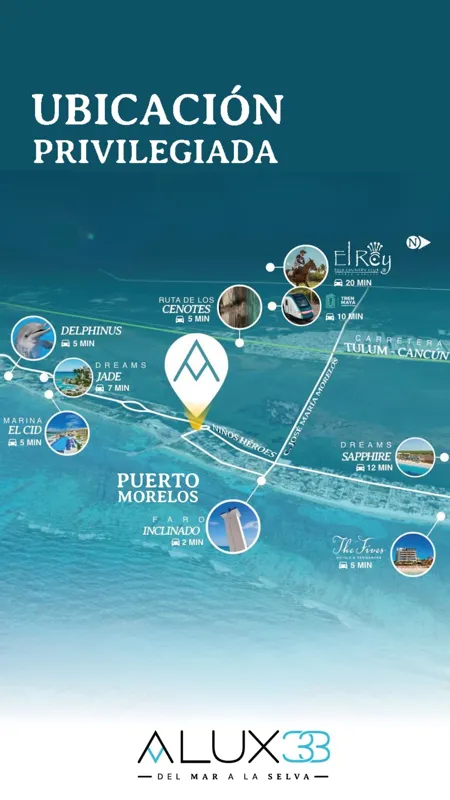 A vibrant rendering of the Alux 33 residential building in Puerto Morelos, featuring lush green walls, balconies with planters, and palm trees on the rooftop, set against a clear blue sky with the text 'DESDE $4.5 mdp' indicating starting prices.