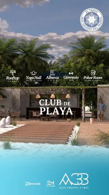 A vibrant rendering of the Alux 33 residential building in Puerto Morelos, featuring lush green walls, balconies with planters, and palm trees on the rooftop, set against a clear blue sky with the text 'DESDE $4.5 mdp' indicating starting prices.