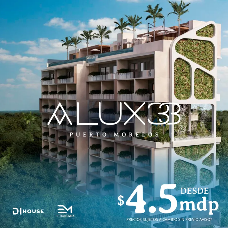 A vibrant architectural rendering of the Alux 33 residential development in Puerto Morelos, featuring a modern multi-story building with lush vertical gardens, balconies, and a rooftop infinity pool surrounded by palm trees. The building is set ag...