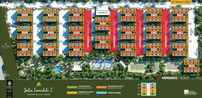 An aerial site plan of Selva Escondida II development, dated January 14, 2026, showing multiple residential buildings and amenities. Many individual condo units within the buildings are marked in red as 'VENDIDO / SOLD', indicating current sales s...