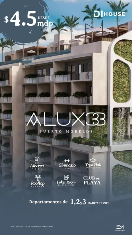 A vibrant architectural rendering of Alux 33, a modern residential development in Puerto Morelos, featuring multiple balconies with lush greenery, a rooftop area with palm trees and umbrellas, and a prominent display of amenities like a pool, gym,...