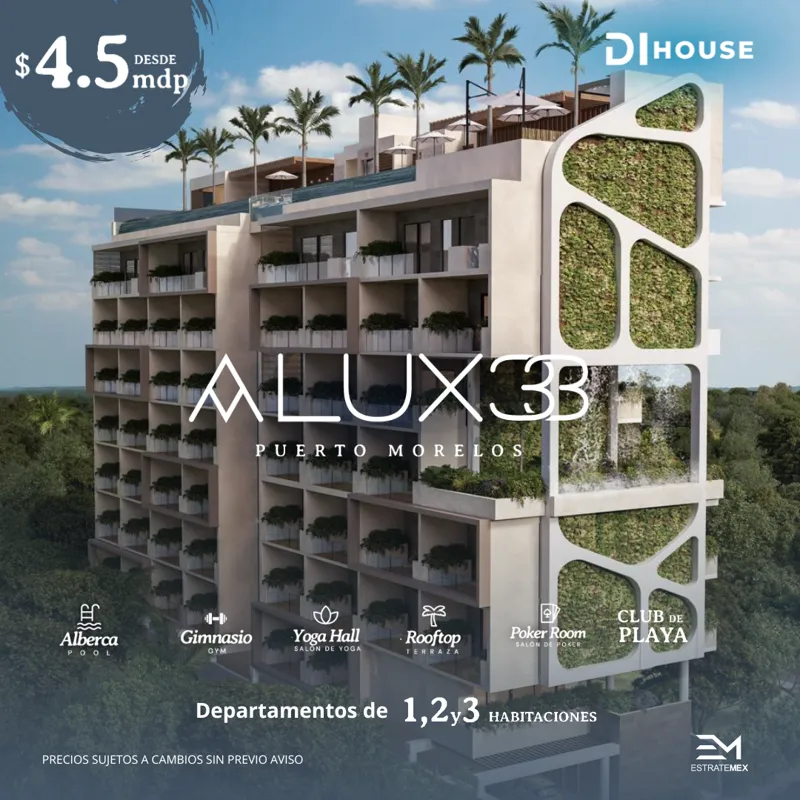 A vibrant architectural rendering of Alux 33, a modern residential development in Puerto Morelos, featuring multiple balconies with lush greenery, a rooftop area with palm trees and umbrellas, and a prominent display of amenities like a pool, gym,...