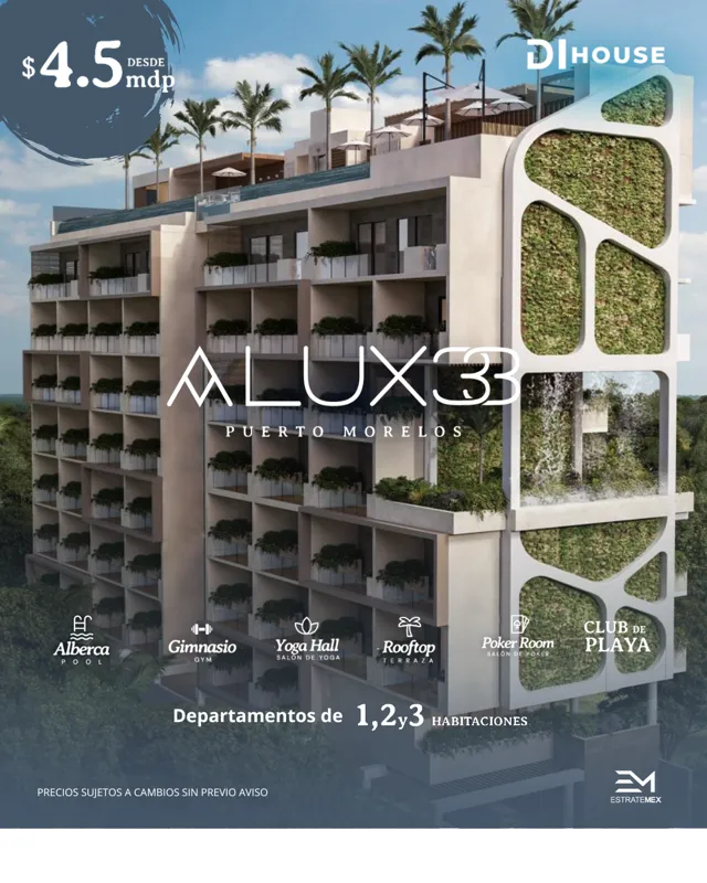A vibrant architectural rendering of Alux 33, a modern residential development in Puerto Morelos, featuring multiple balconies with lush greenery, a rooftop area with palm trees and umbrellas, and a prominent display of amenities like a pool, gym,...
