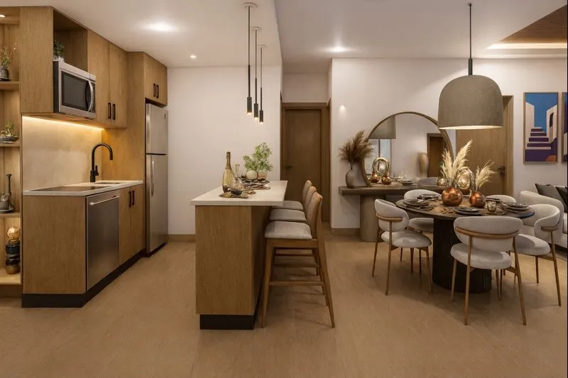 A beautifully rendered modern living room featuring a light-colored sofa, a wooden coffee table, and a ceiling fan, with a large sliding glass door opening to a balcony that offers a panoramic view of the turquoise Caribbean Sea and lush palm trees.