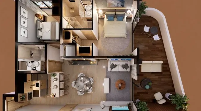 A beautifully rendered modern living room featuring a light-colored sofa, a wooden coffee table, and a ceiling fan, with a large sliding glass door opening to a balcony that offers a panoramic view of the turquoise Caribbean Sea and lush palm trees.