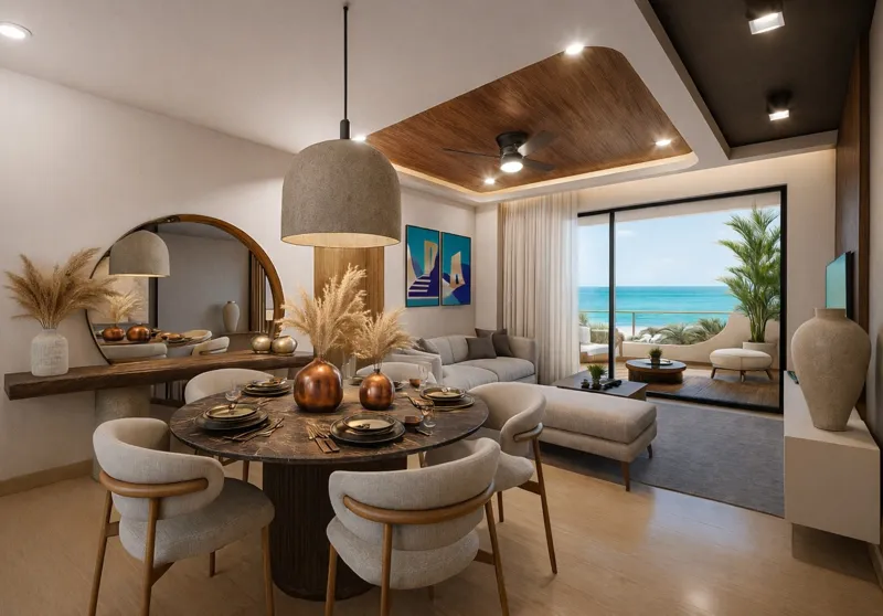 A beautifully rendered modern living room featuring a light-colored sofa, a wooden coffee table, and a ceiling fan, with a large sliding glass door opening to a balcony that offers a panoramic view of the turquoise Caribbean Sea and lush palm trees.