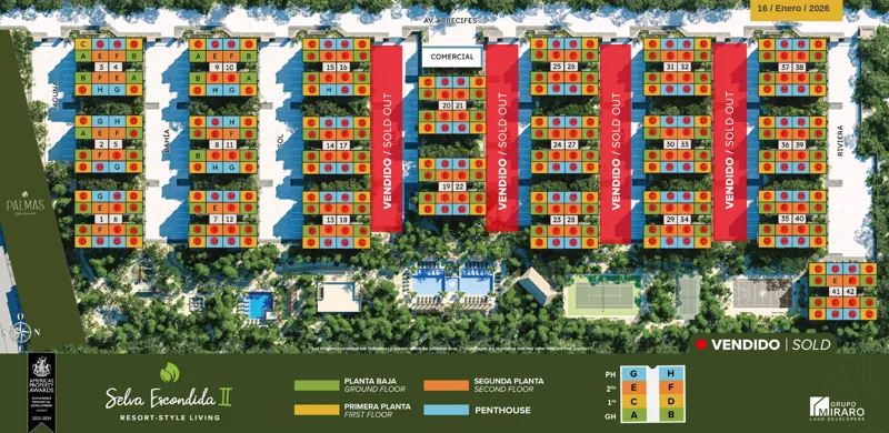 An aerial site plan of Selva Escondida II development dated January 16, 2026, showing multiple residential buildings and amenities. Units are color-coded by floor (Ground, First, Second, Penthouse) and marked with red dots for 'VENDIDO / SOLD'. Se...
