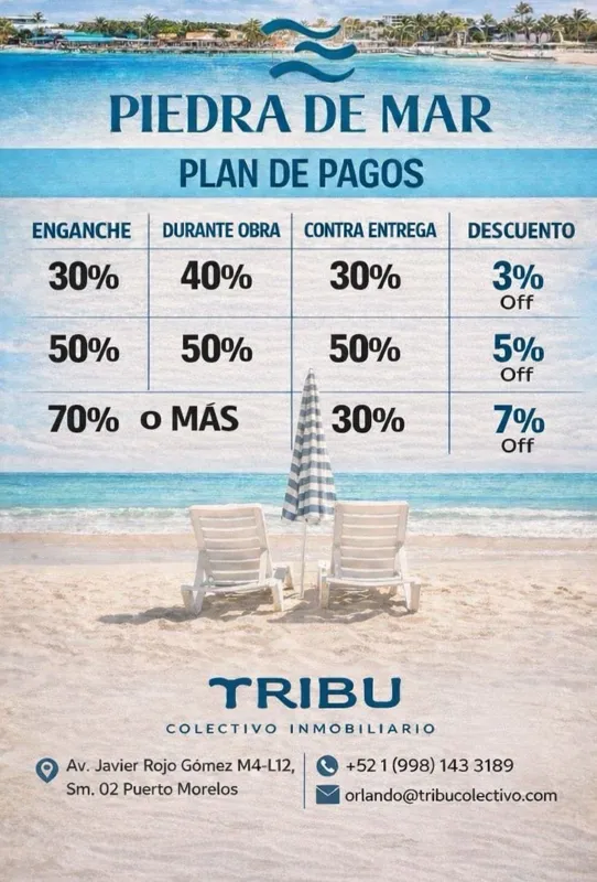 A promotional image for Piedra de Mar's payment plan, set against a serene beach backdrop with two lounge chairs and an umbrella facing the ocean. The image displays a table detailing downpayment options (30%, 50%, 70% or more) and corresponding d...