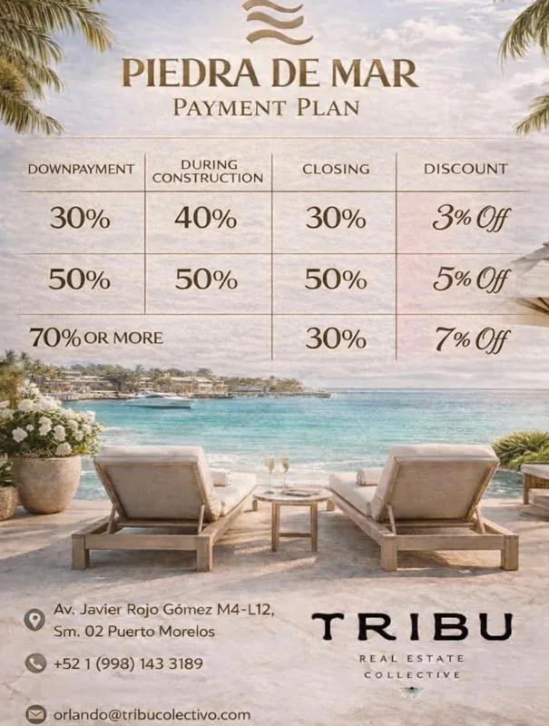 A promotional image for Piedra de Mar's payment plan, set against a serene beach backdrop with two lounge chairs and an umbrella facing the ocean. The image displays a table detailing downpayment options (30%, 50%, 70% or more) and corresponding d...
