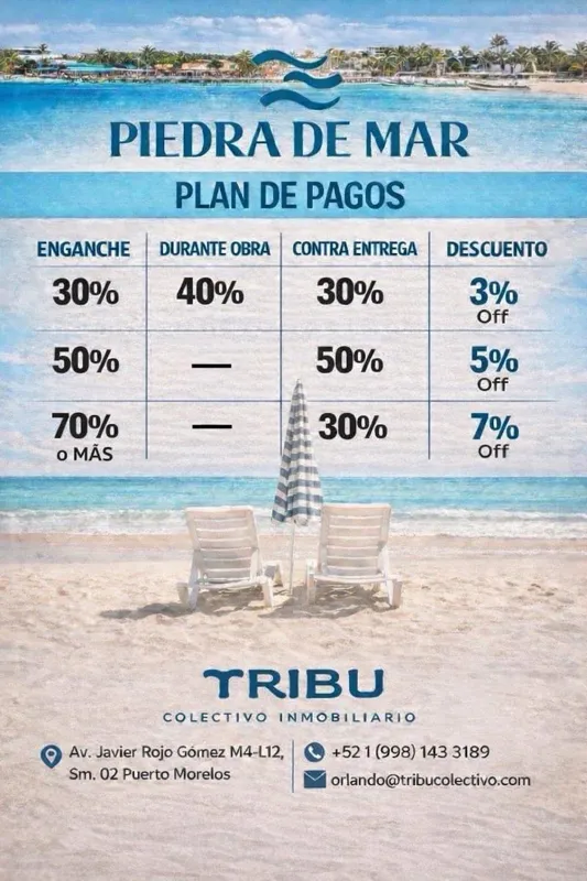 An advertisement for Piedra de Mar's payment plans, featuring a serene beach scene with two lounge chairs and an umbrella facing the ocean. The ad details downpayment options (30%, 50%, 70% or more) and corresponding discounts (3%, 5%, 7% off), al...