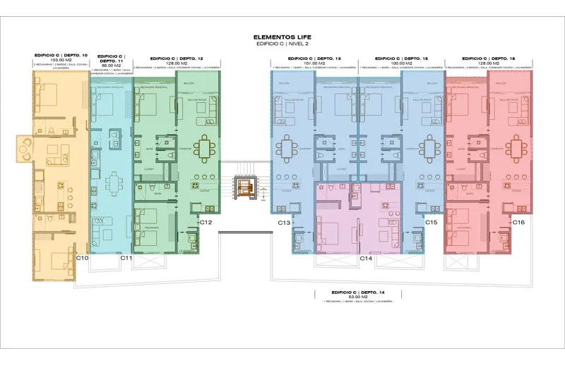A compilation of three architectural floor plans for Edificio C, Phase 2 of Elementos Life, showing the layouts of apartments on Nivel 1, Nivel 2, and Nivel 3. Each plan details unit numbers (e.g., C1, C2, C10, C11, C17, C18), room configurations ...