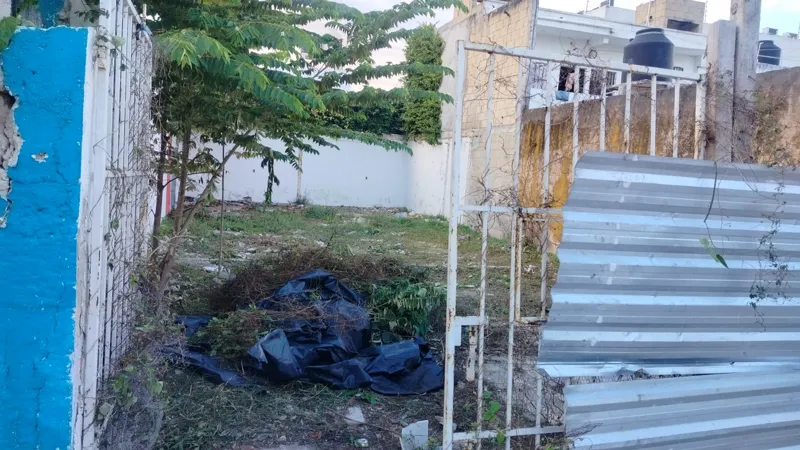 A man in a dark shirt and blue jeans crouches near an overgrown wall with utility meters, actively clearing weeds and debris from the Centurmex 25 development site, with a pickaxe resting on the ground nearby, indicating the start of site preparat...