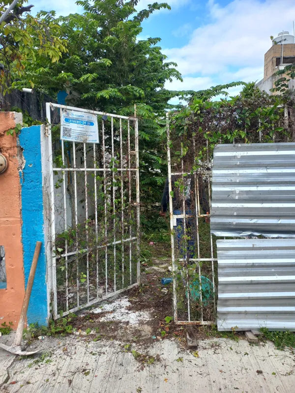 A man in a dark shirt and blue jeans crouches near an overgrown wall with utility meters, actively clearing weeds and debris from the Centurmex 25 development site, with a pickaxe resting on the ground nearby, indicating the start of site preparat...