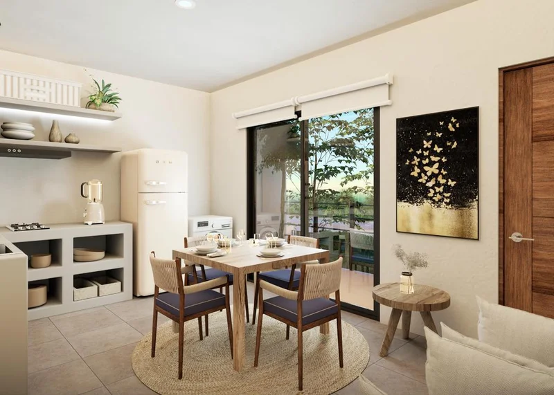View of Modern Kitchen at Zek Tulum, showcasing Dining Area, Open Concept Living.